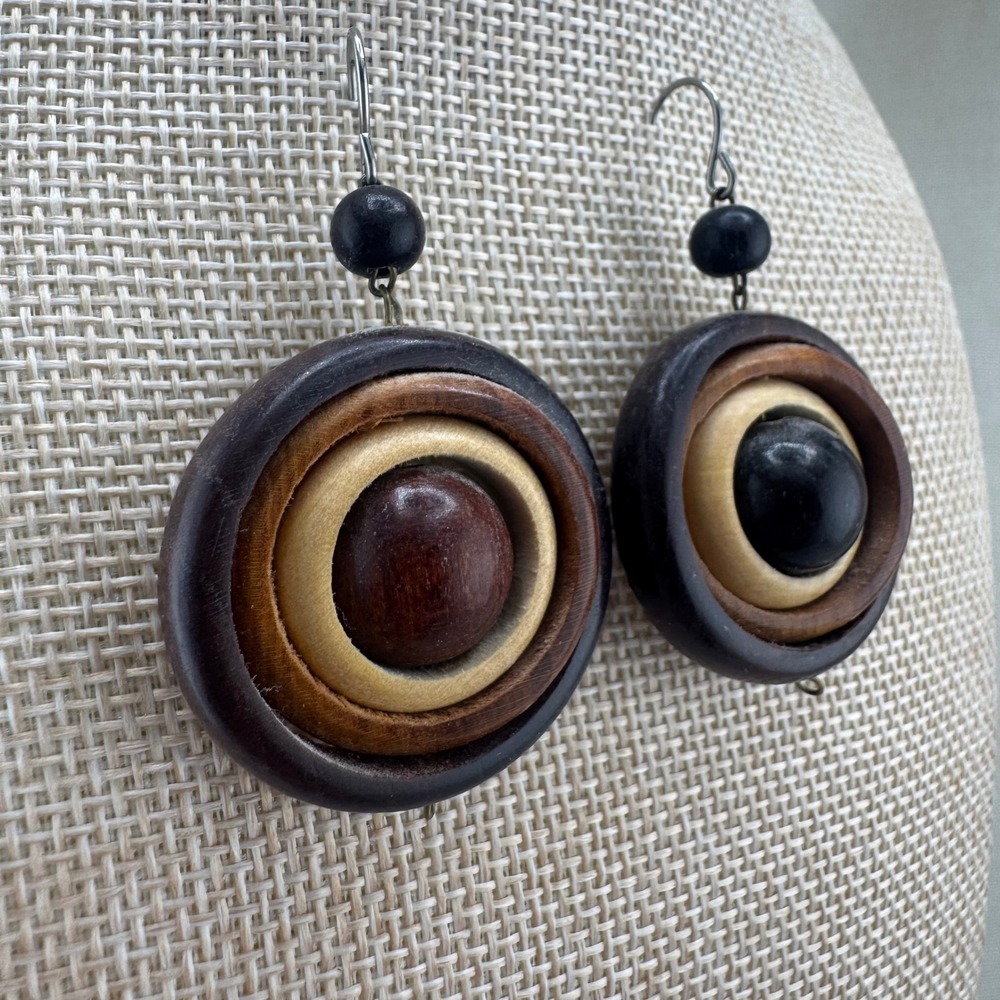 Artisan Natural Wood Circle Drop Earrings Boho Multi Tone Brown Black - Picture 1 of 3